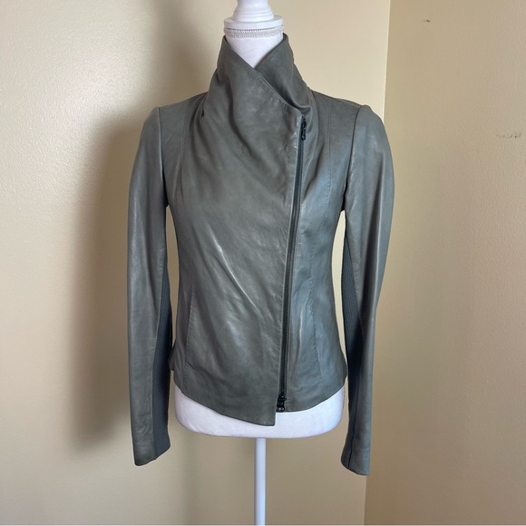 Vince Jackets & Blazers - Vince Women’s Genuine Leather Jacket S Funnel Neck Olive Green Minimalist Chic